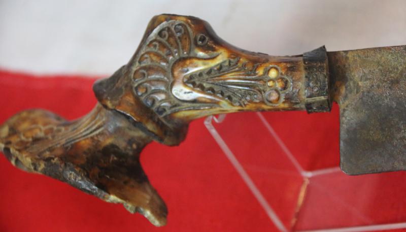 A Most Intriguing, Early, Wide Bladed Mayan or Aztec Form Sacrificial Knife, Beautifully Carved Head of Possibly Vucub Caquix or Quetzalcoatl The Wind Spouting God, Upon the Stag-Horn Hilt