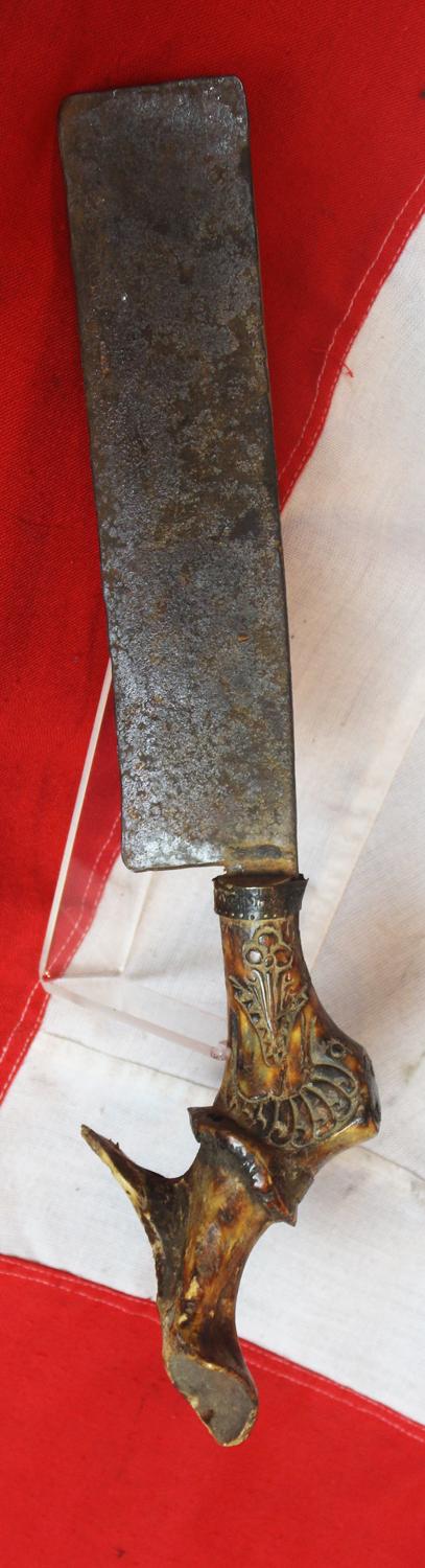 A Most Intriguing, Early, Wide Bladed Mayan or Aztec Form Sacrificial Knife, Beautifully Carved Head of Possibly Vucub Caquix or Quetzalcoatl The Wind Spouting God, Upon the Stag-Horn Hilt