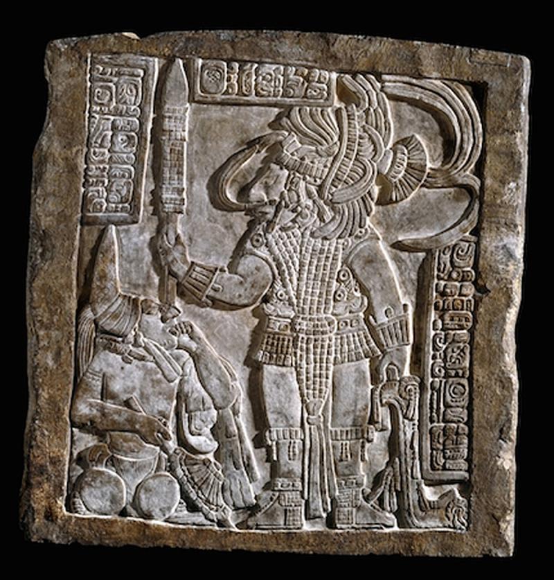 A Most Intriguing, Early, Wide Bladed Mayan or Aztec Form Sacrificial Knife, Beautifully Carved Head of Possibly Vucub Caquix or Quetzalcoatl The Wind Spouting God, Upon the Stag-Horn Hilt