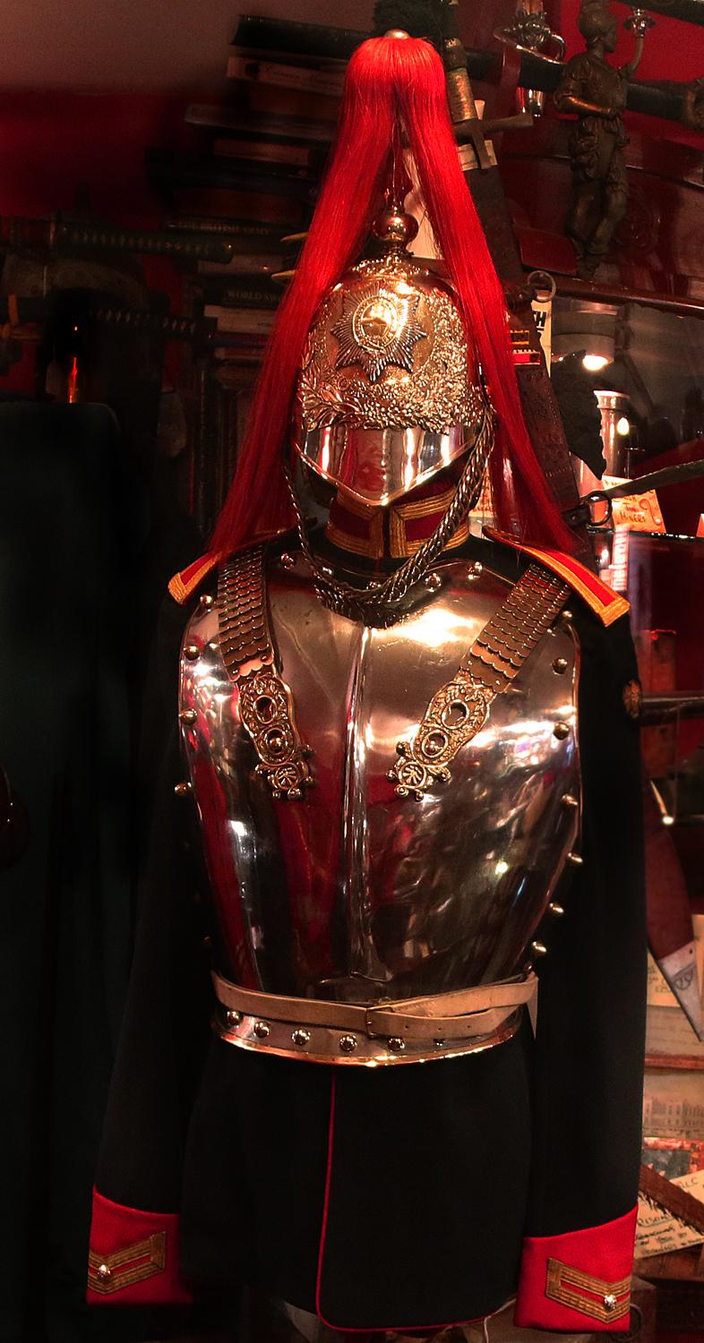 Vintage, Household Cavalry Dress Uniform. A Wonderful Helmet, Cuirass Armour, Tunic, White Leather Panteloons, Jack Boots with Spurs, Buff Hide & Cotton Riding Gauntlets Of The Royal Mounted Bodyguard of Her Well Beloved Late Majesty Queen Elizabeth IInd