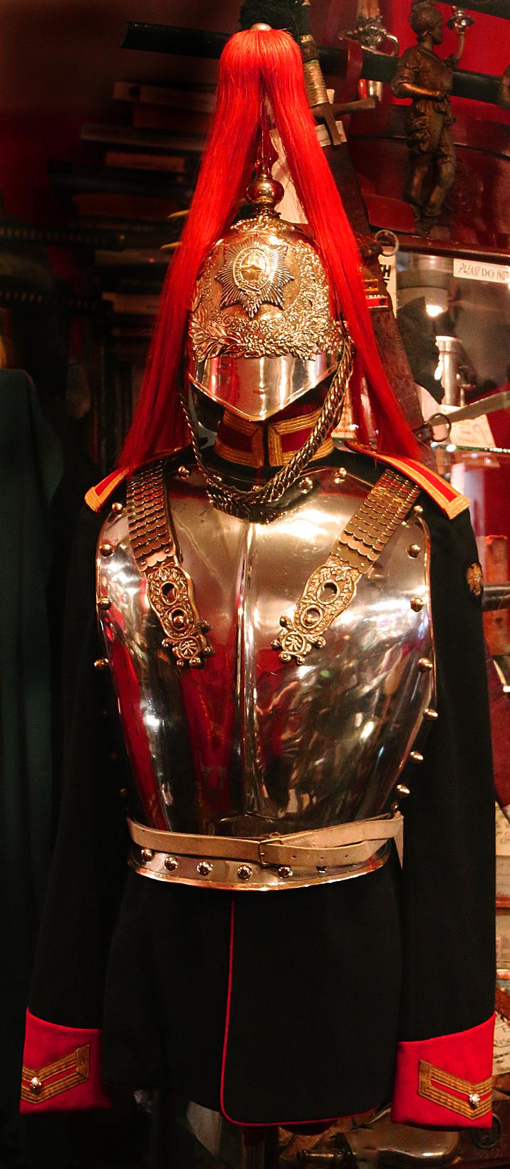 Vintage, Household Cavalry Dress Uniform. A Wonderful Helmet, Cuirass Armour, Tunic, White Leather Panteloons, Jack Boots with Spurs, Buff Hide & Cotton Riding Gauntlets Of The Royal Mounted Bodyguard of Her Well Beloved Late Majesty Queen Elizabeth IInd