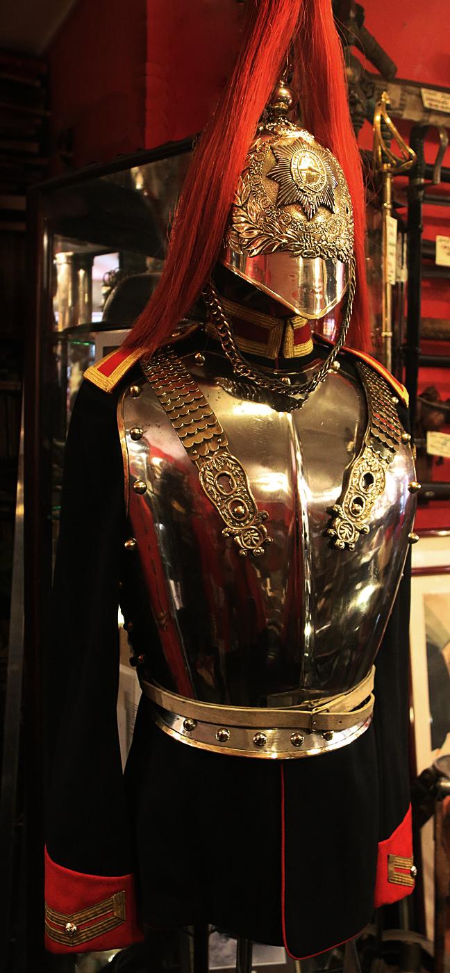 Vintage, Household Cavalry Dress Uniform. A Wonderful Helmet, Cuirass Armour, Tunic, White Leather Panteloons, Jack Boots with Spurs, Buff Hide & Cotton Riding Gauntlets Of The Royal Mounted Bodyguard of Her Well Beloved Late Majesty Queen Elizabeth IInd
