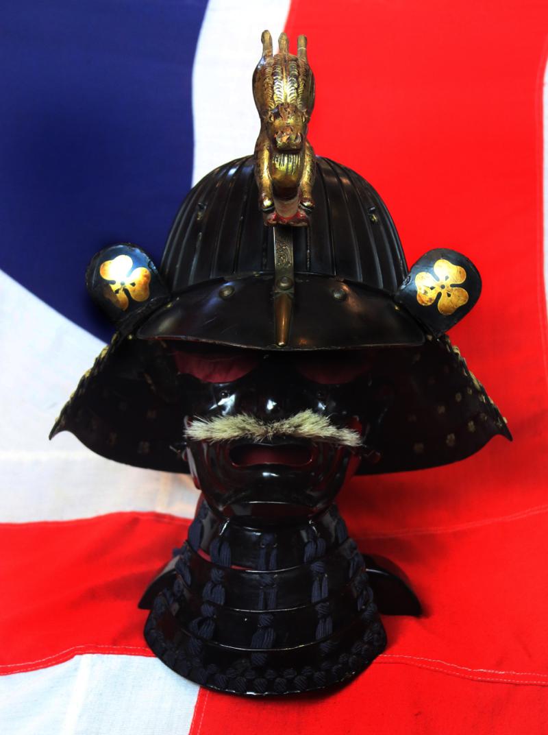 Superb Early to Mid Edo,Museum Quality Signed Samurai War Helmet Kabuto, by Nobutada, of 21 'Helmet Skull' or 'Bowl Plates', with a Leaping Animal, Carved Wooden and Gold Maedate & Clan Mon of the Sakai Clan, & “Fierce Face” Ressai, Face Armour