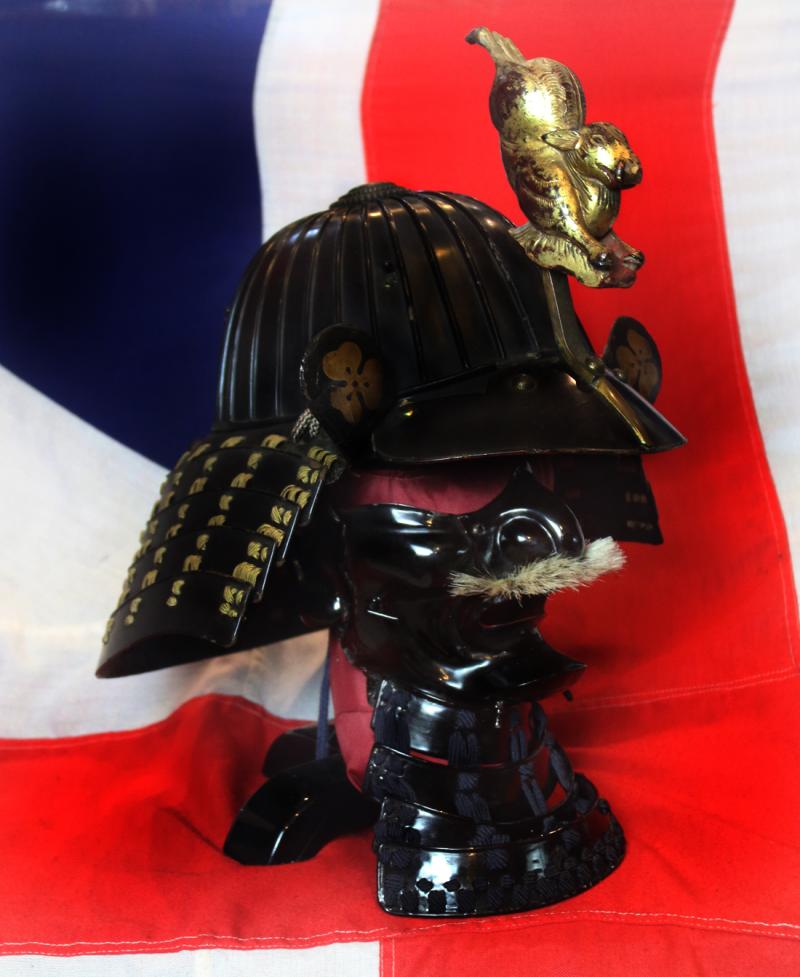 Superb Early to Mid Edo,Museum Quality Signed Samurai War Helmet Kabuto, by Nobutada, of 21 'Helmet Skull' or 'Bowl Plates', with a Leaping Animal, Carved Wooden and Gold Maedate & Clan Mon of the Sakai Clan, & “Fierce Face” Ressai, Face Armour