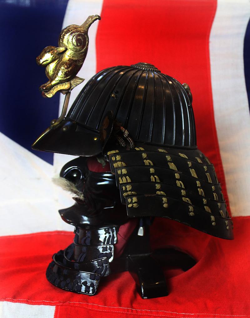 Superb Early to Mid Edo,Museum Quality Signed Samurai War Helmet Kabuto, by Nobutada, of 21 'Helmet Skull' or 'Bowl Plates', with a Leaping Animal, Carved Wooden and Gold Maedate & Clan Mon of the Sakai Clan, & “Fierce Face” Ressai, Face Armour