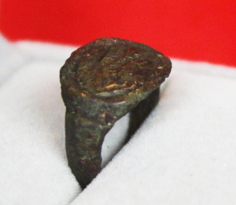 Ancient Roman Gladiator Bronze Seal Ring, With Intaglio of Standing Gladiator With Shield and Flagellum. Early Imperial Julio-Claudian Emperors Period From The 1st Century A.D. of Emperors Augustus, Tiberious, Caligula, Claudius & Nero