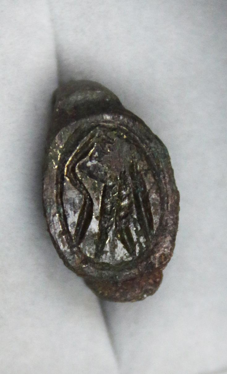 Ancient Roman Gladiator Bronze Seal Ring, With Intaglio of Standing Gladiator With Shield and Flagellum. Early Imperial Julio-Claudian Emperors Period From The 1st Century A.D. of Emperors Augustus, Tiberious, Caligula, Claudius & Nero