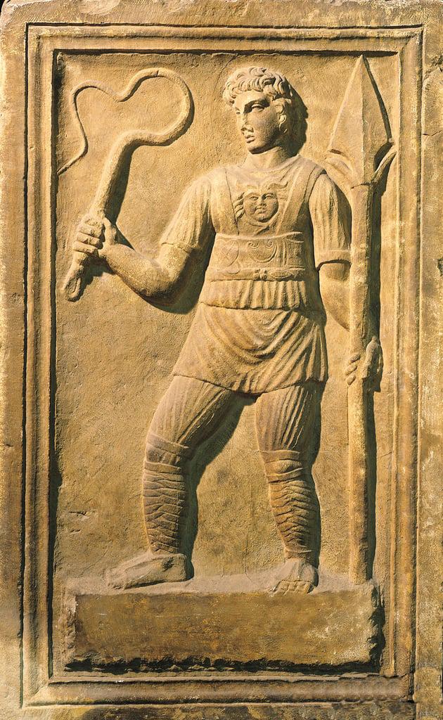 Ancient Roman Gladiator Bronze Seal Ring, With Intaglio of Standing Gladiator With Shield and Flagellum. Early Imperial Julio-Claudian Emperors Period From The 1st Century A.D. of Emperors Augustus, Tiberious, Caligula, Claudius & Nero