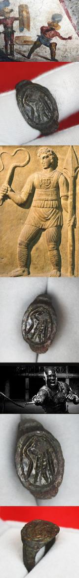 Ancient Roman Gladiator Bronze Seal Ring, With Intaglio of Standing Gladiator With Shield and Flagellum. Early Imperial Julio-Claudian Emperors Period From The 1st Century A.D. of Emperors Augustus, Tiberious, Caligula, Claudius & Nero