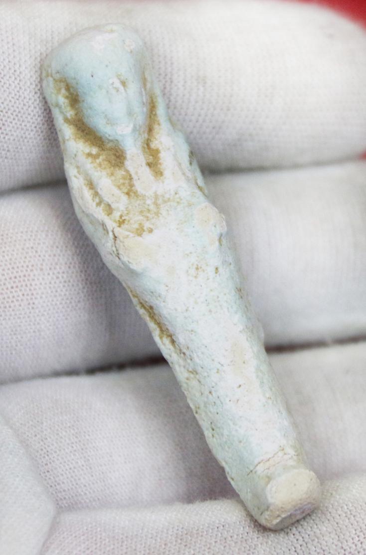 An Original Ancient Egyptian Shabti, An Afterlife Tomb Figure Servant of An Egyptian Mummy, Pale Blue-Glazed Faience 664 to 332 BC