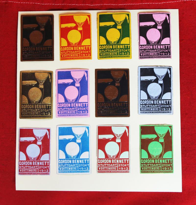 Germany 1912 Gordon Bennett Zeppelin Airship Flight, 12 Poster Vignette Cinderella Stamps