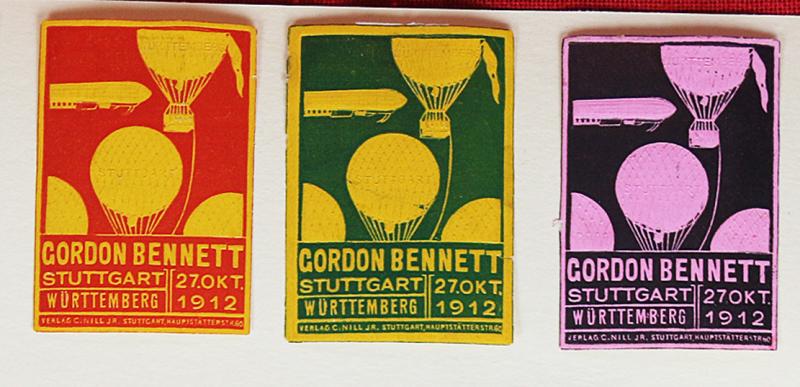 Germany 1912 Gordon Bennett Zeppelin Airship Flight, 12 Poster Vignette Cinderella Stamps