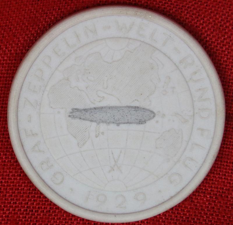 1929 Graf Zeppelin Round the World, White Bisque Porcelain Meissen Medal 1929. Flat Rimmed, with Silvered Zeppellin