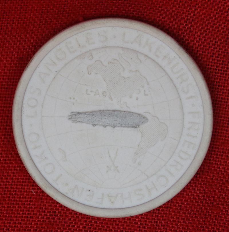 1929 Graf Zeppelin Round the World, White Bisque Porcelain Meissen Medal 1929. Flat Rimmed, with Silvered Zeppellin