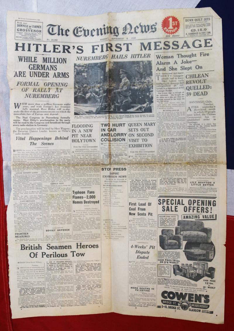 Front Page of the Evening News Sept 6th 1938. 'Hitler's First Message', From the Nuremberg Rally