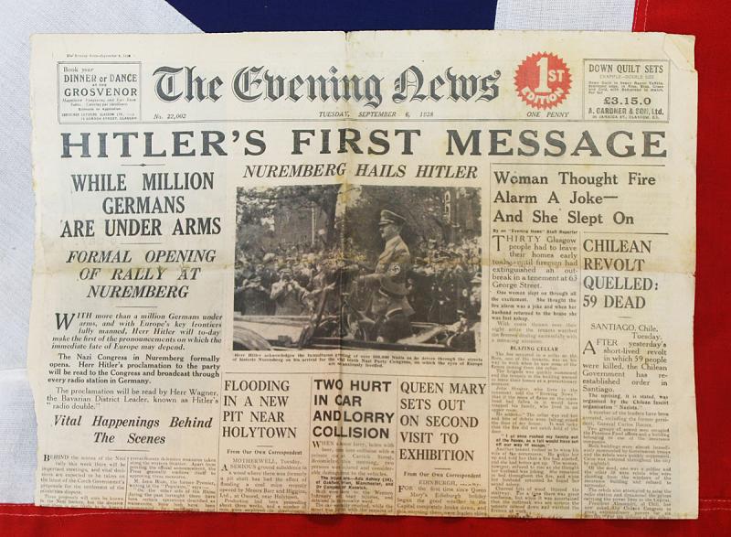 Front Page of the Evening News Sept 6th 1938. 'Hitler's First Message', From the Nuremberg Rally