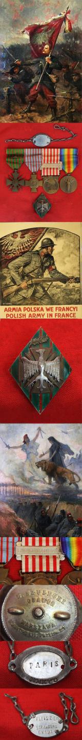 Probably The Rarest Polish Hero's Medal Group in The World. French Foreign Legion Group & Badge of the Bayonian Battalion,+ Dog Tag Bracelet. One of the Only 200 Polish Volunteers To Serve In The French Foreign Legion In WW1. Tragically 150 Were KIA 1915