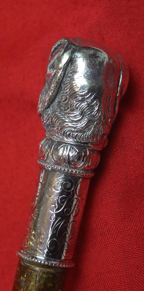 Stunning Victorian, Silver Hound's Head Walking Stick Of William Page Wood, 1st Baron Hatherley, PC, British Statesman, Lord High Chancellor of Great Britain, Presented by John Bright, Chancellor of the Duchy of Lancaster & Sherlock Holmes Connection