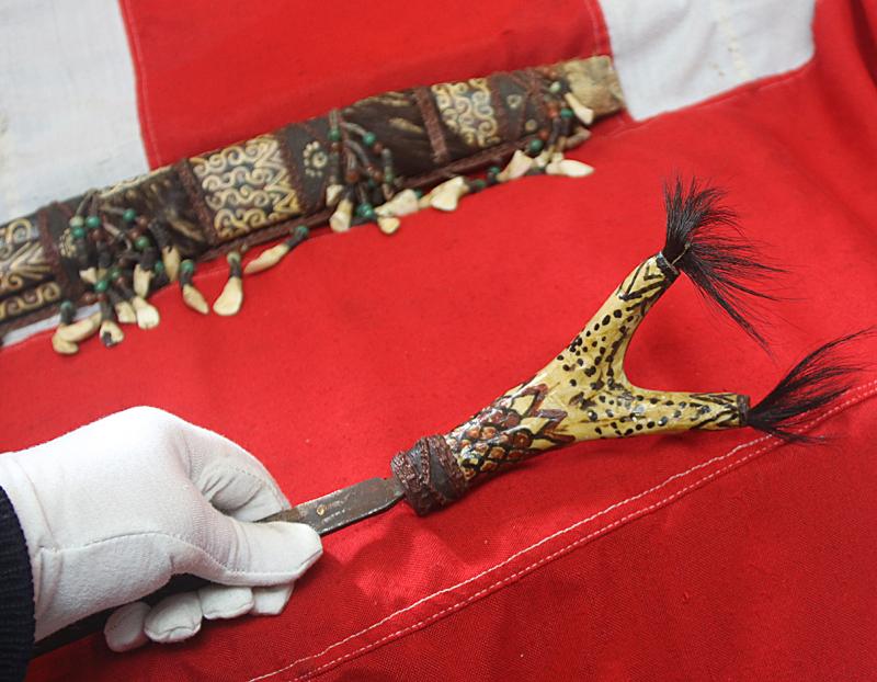 A Dyak Of Borneo, Tribesman's Mandau. A Tribal Head Hunter's Sword, From Kalimantan Island
