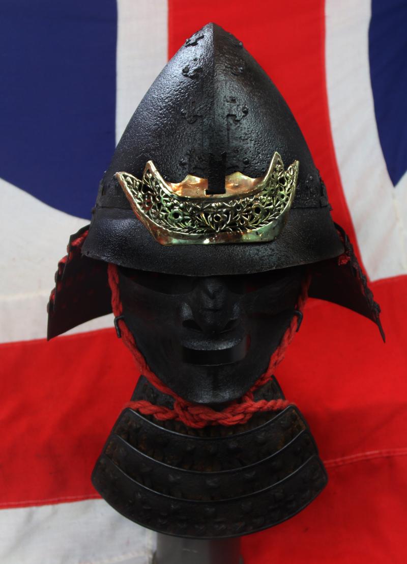 A Beautiful and Most Impressive Nanban-Nari Kabuto High Conical Samurai Helmet. Likely of A Christian Samurai, Known As Krishitan, Momoyama to Edo Period. With Menpo Face Armour