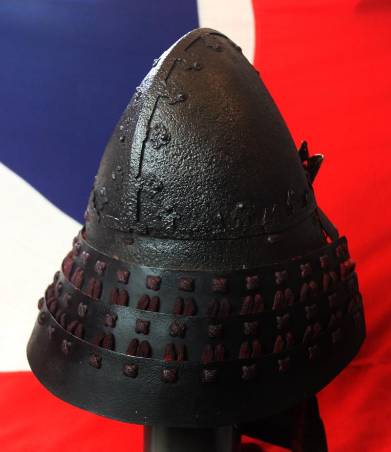 A Beautiful and Most Impressive Nanban-Nari Kabuto High Conical Samurai Helmet. Likely of A Christian Samurai, Known As Krishitan, Momoyama to Edo Period. With Menpo Face Armour