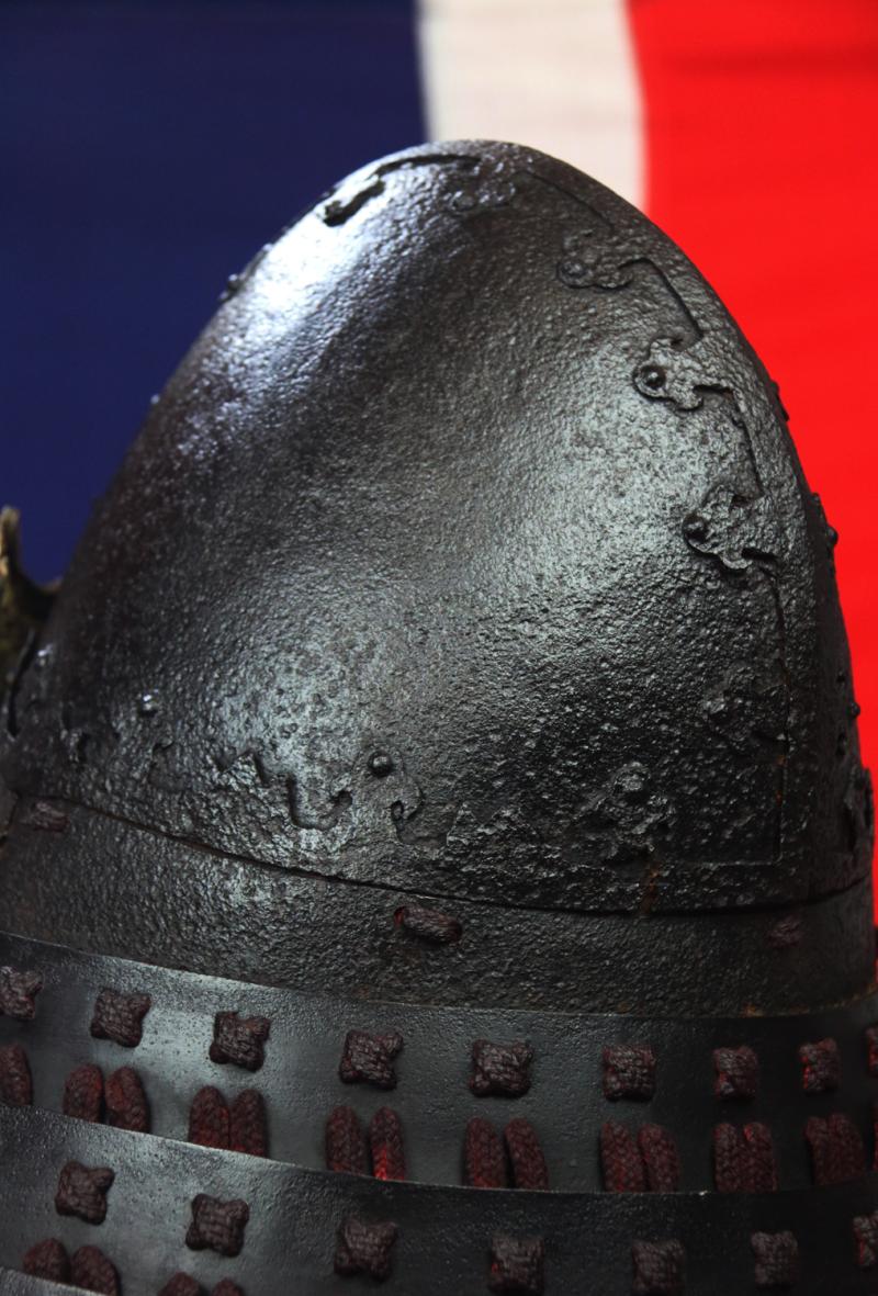 A Beautiful and Most Impressive Nanban-Nari Kabuto High Conical Samurai Helmet. Likely of A Christian Samurai, Known As Krishitan, Momoyama to Edo Period. With Menpo Face Armour