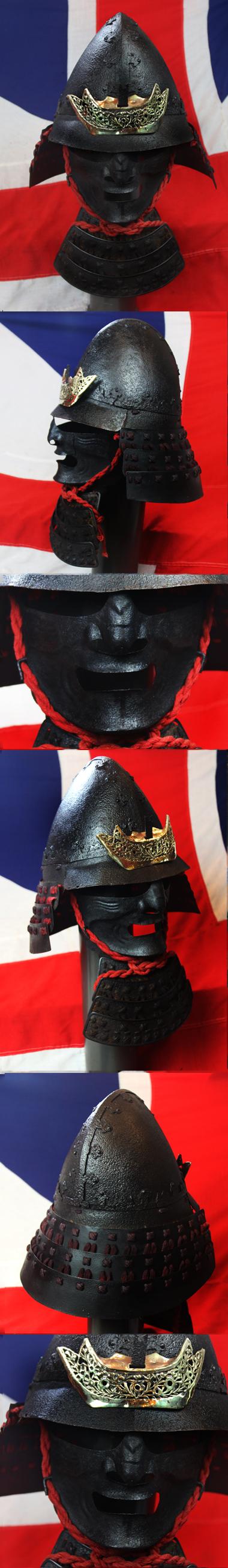 A Beautiful and Most Impressive Nanban-Nari Kabuto High Conical Samurai Helmet. Likely of A Christian Samurai, Known As Krishitan, Momoyama to Edo Period. With Menpo Face Armour