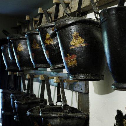 Most Attractive, Antique, 19th Century Fire Bucket Decorated in Scarlet Red Livery, with Royal Crest. Such A Colour Is Synonymous With Britain. The Redcoats of the Royal Guard, The Red Pillar Boxes, Even Red Telephone Boxes & Once, The Entire British Army