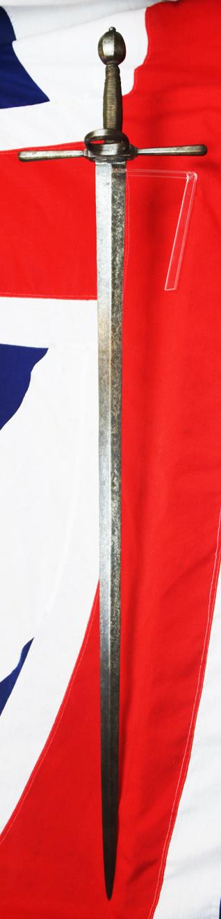 A Very Fine Antique Longsword, Likely German, 16th-17th Century Style, With Double Edged Graduating Diamond Shaped Blade, Bearing Armourers Mark, Crossguard With Single Oval Side Ring