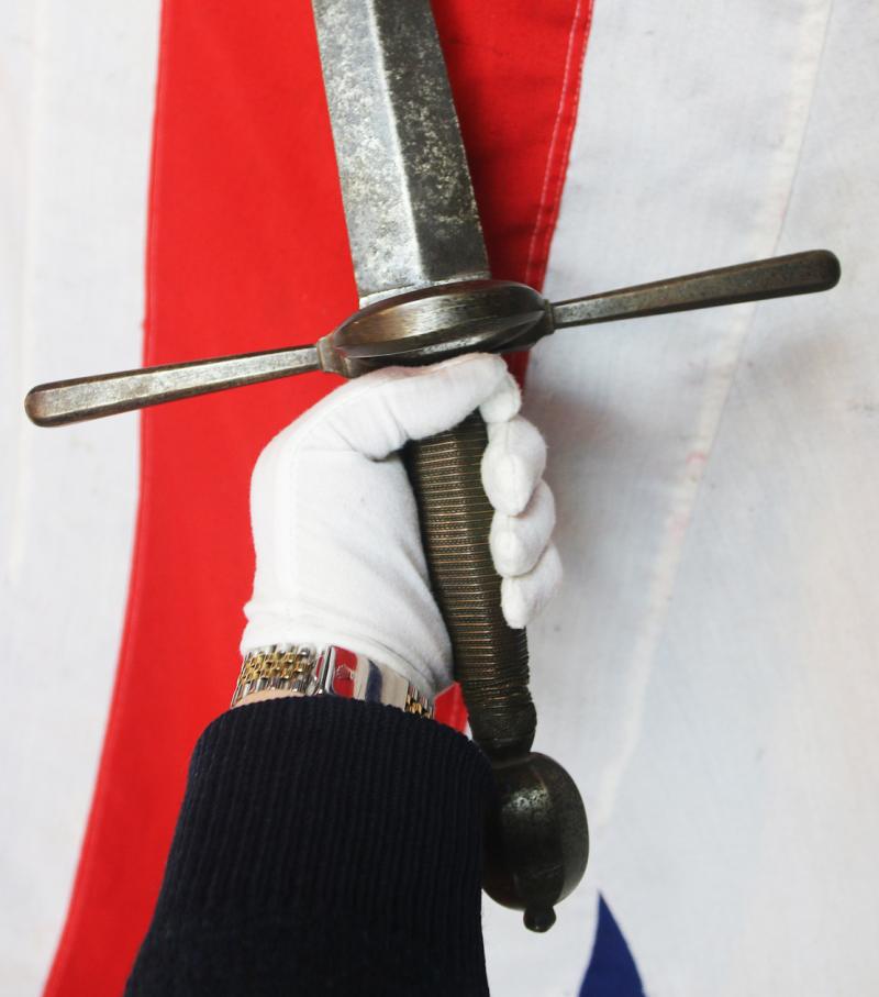 A Very Fine Antique Longsword, Likely German, 16th-17th Century Style, With Double Edged Graduating Diamond Shaped Blade, Bearing Armourers Mark, Crossguard With Single Oval Side Ring