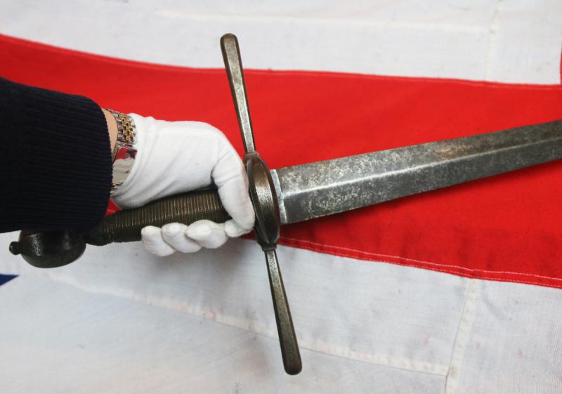 A Very Fine Antique Longsword, Likely German, 16th-17th Century Style, With Double Edged Graduating Diamond Shaped Blade, Bearing Armourers Mark, Crossguard With Single Oval Side Ring