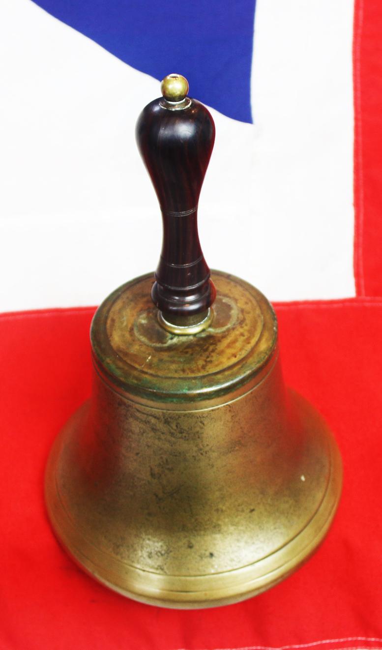An Original and Superb WW2 RAF Air Ministry Issue 'Scramble Bell', Cast Bronze With Turned Hardwood Handle On A Brass Socket Mount With Brass Ball Top. Interior Bears The AM Crown Mark of the Air Ministry Contract