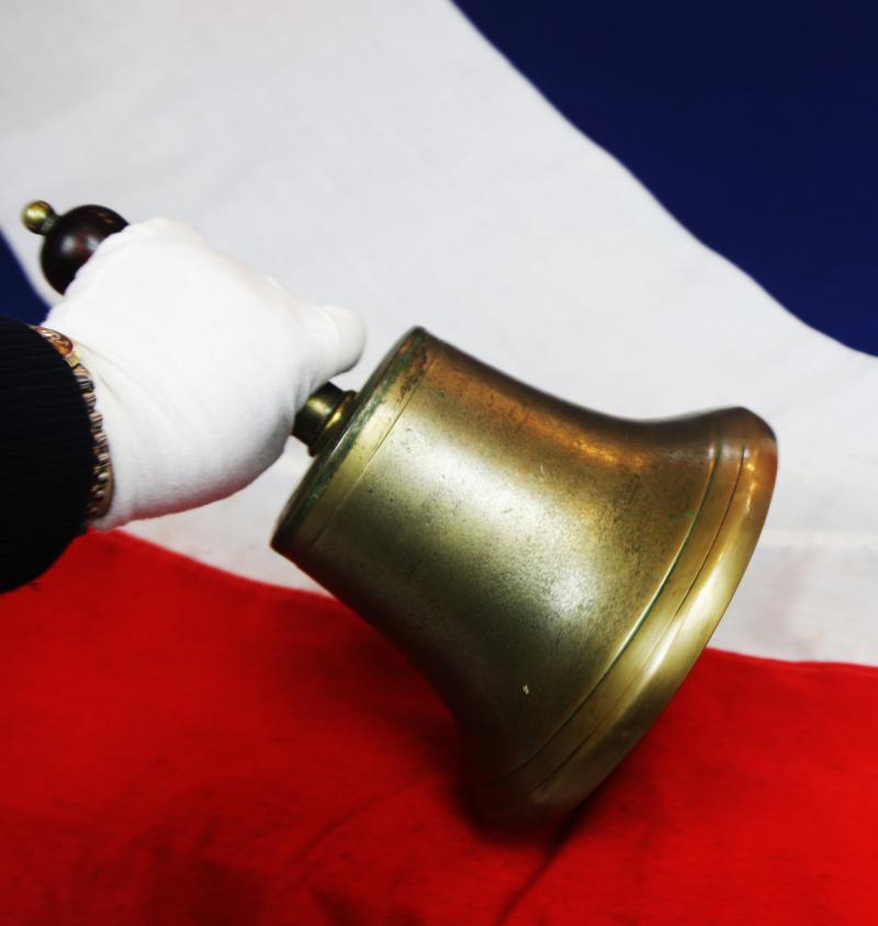 An Original and Superb WW2 RAF Air Ministry Issue 'Scramble Bell', Cast Bronze With Turned Hardwood Handle On A Brass Socket Mount With Brass Ball Top. Interior Bears The AM Crown Mark of the Air Ministry Contract