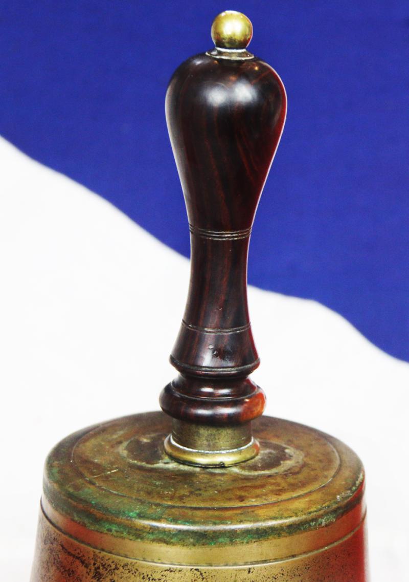 An Original and Superb WW2 RAF Air Ministry Issue 'Scramble Bell', Cast Bronze With Turned Hardwood Handle On A Brass Socket Mount With Brass Ball Top. Interior Bears The AM Crown Mark of the Air Ministry Contract