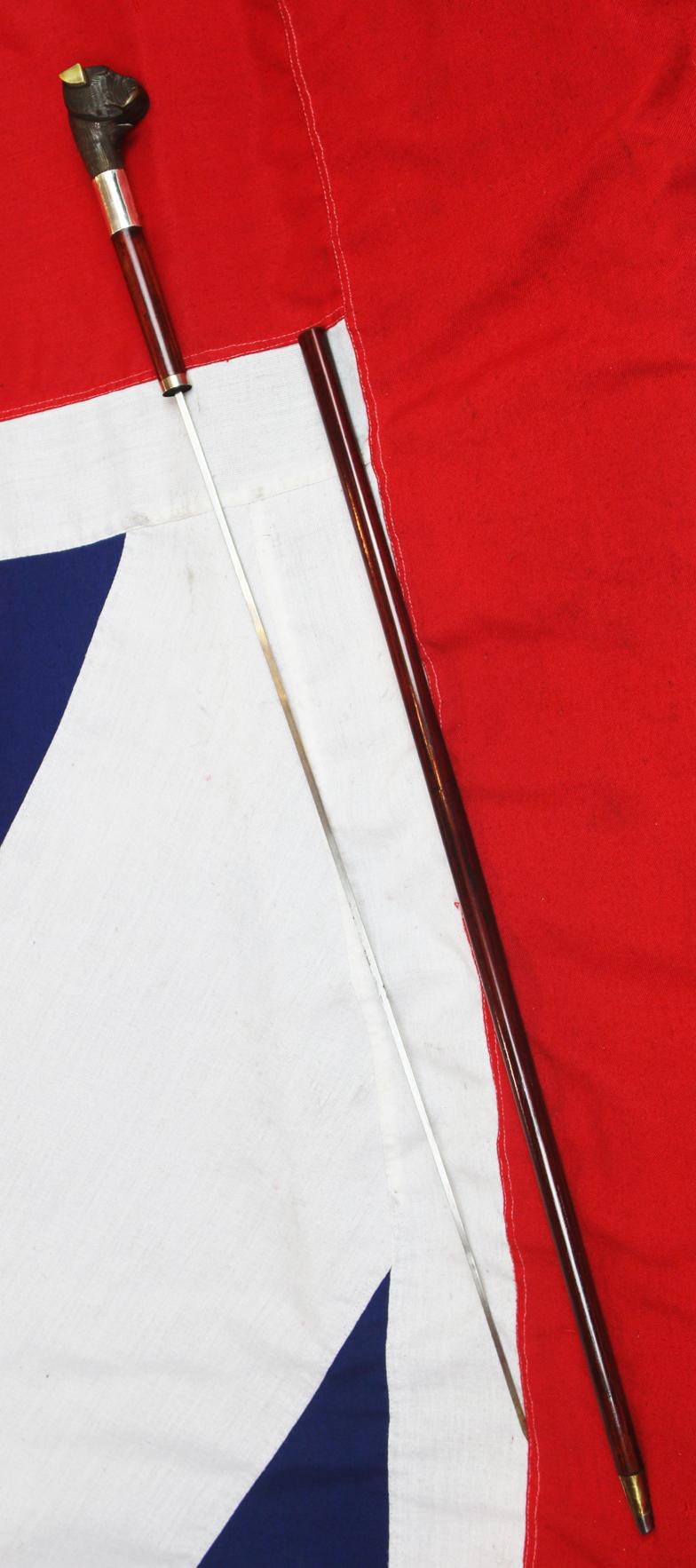 A Superb, Wonderful, & Highly Amusing, Antique Edwardian, Carved Automata Bulldog's Head Gadget Cane. That Is Not Only A 'Glove Holder' Handled Walking Stick, But A Superbly Secretly Concealed Sword-Stick