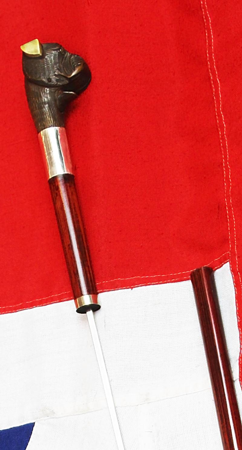 A Superb, Wonderful, & Highly Amusing, Antique Edwardian, Carved Automata Bulldog's Head Gadget Cane. That Is Not Only A 'Glove Holder' Handled Walking Stick, But A Superbly Secretly Concealed Sword-Stick