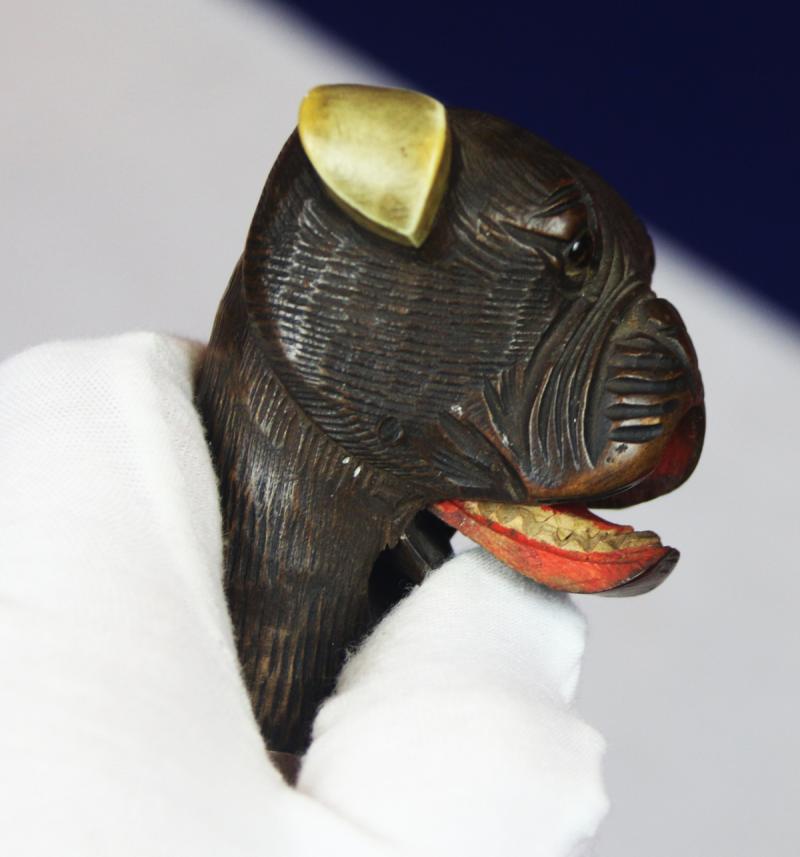 A Superb, Wonderful, & Highly Amusing, Antique Edwardian, Carved Automata Bulldog's Head Gadget Cane. That Is Not Only A 'Glove Holder' Handled Walking Stick, But A Superbly Secretly Concealed Sword-Stick