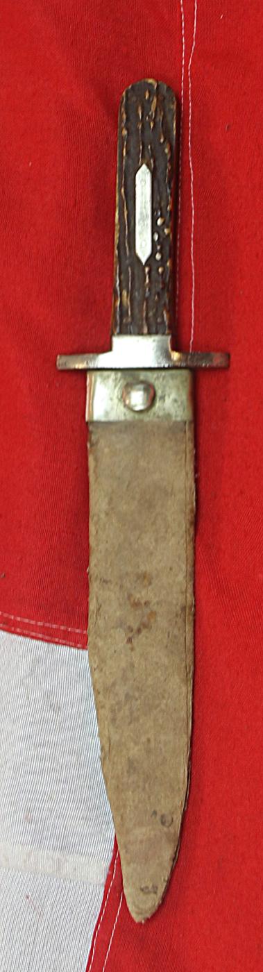 A Nice US Civil War Staghorn Gripped Bowie Knife By Buck of Tottenham Court Road Circa 1855. German Silver Crossguard and Hilt Panel. With Its Original German Silver Mounted Pressed Card Scabbard.