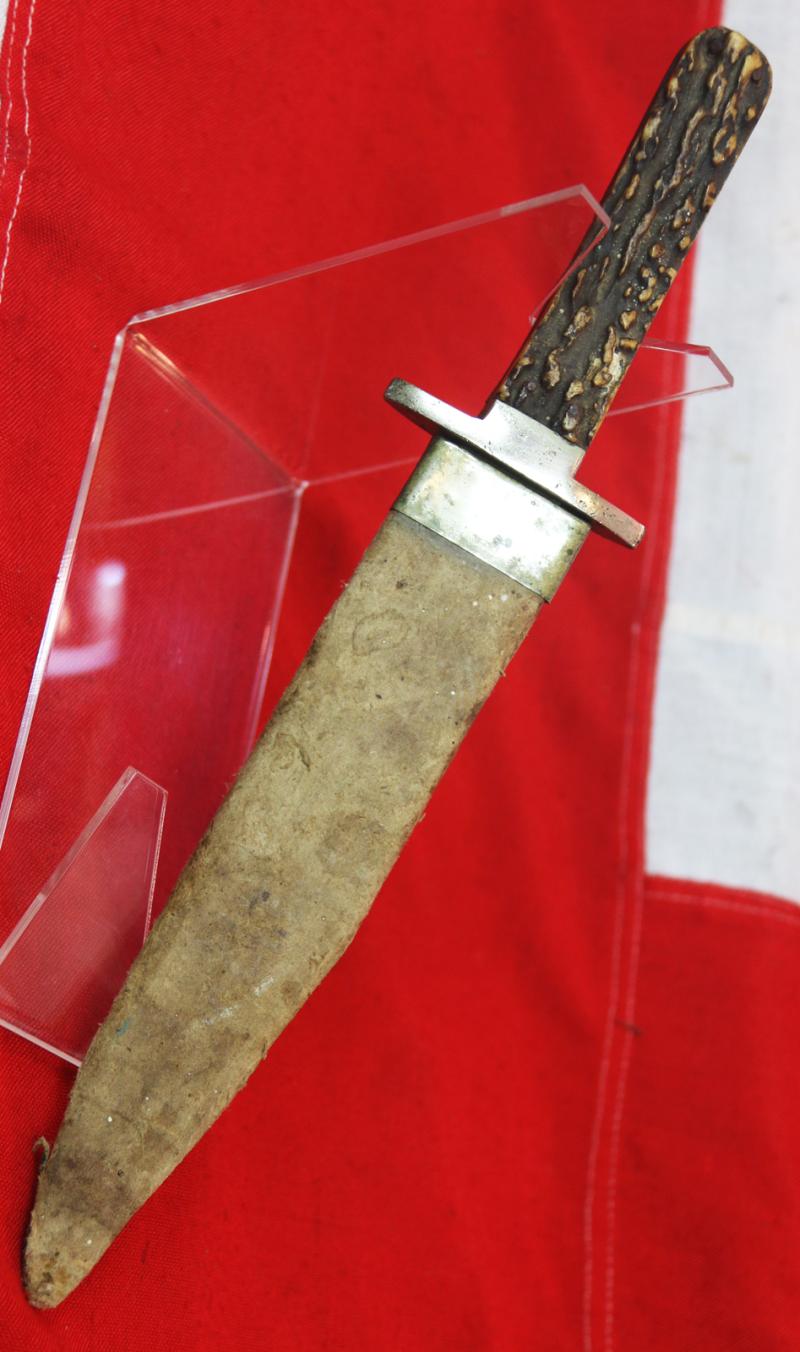 A Nice US Civil War Staghorn Gripped Bowie Knife By Buck of Tottenham Court Road Circa 1855. German Silver Crossguard and Hilt Panel. With Its Original German Silver Mounted Pressed Card Scabbard.