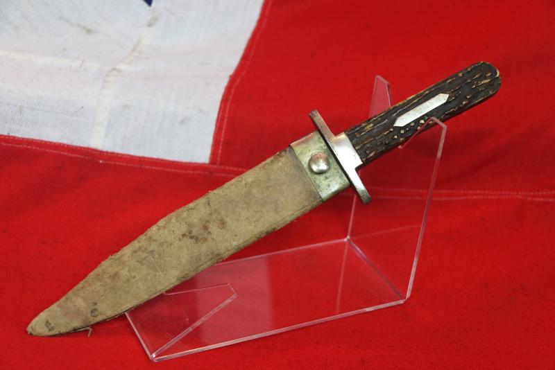 A Nice US Civil War Staghorn Gripped Bowie Knife By Buck of Tottenham Court Road Circa 1855. German Silver Crossguard and Hilt Panel. With Its Original German Silver Mounted Pressed Card Scabbard.