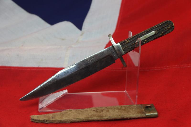 A Nice US Civil War Staghorn Gripped Bowie Knife By Buck of Tottenham Court Road Circa 1855. German Silver Crossguard and Hilt Panel. With Its Original German Silver Mounted Pressed Card Scabbard.