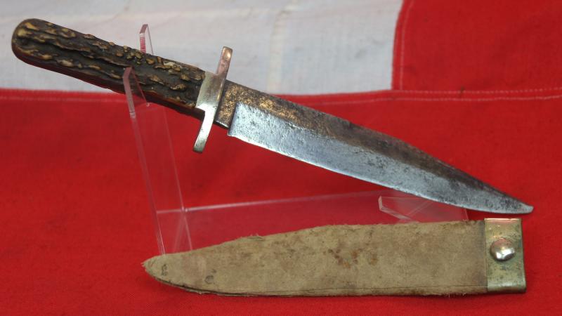 A Nice US Civil War Staghorn Gripped Bowie Knife By Buck of Tottenham Court Road Circa 1855. German Silver Crossguard and Hilt Panel. With Its Original German Silver Mounted Pressed Card Scabbard.