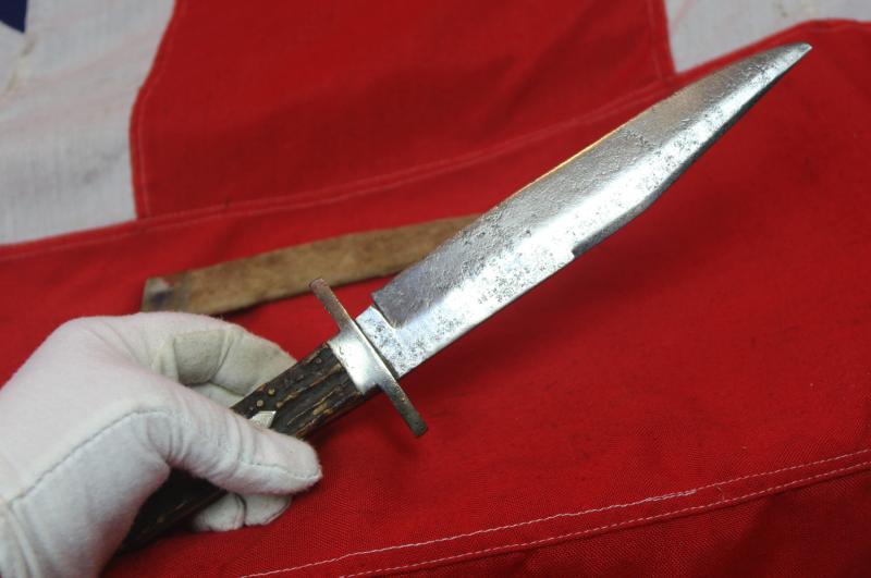 A Nice US Civil War Staghorn Gripped Bowie Knife By Buck of Tottenham Court Road Circa 1855. German Silver Crossguard and Hilt Panel. With Its Original German Silver Mounted Pressed Card Scabbard.