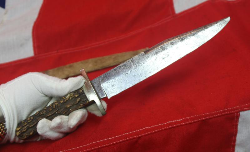 A Nice US Civil War Staghorn Gripped Bowie Knife By Buck of Tottenham Court Road Circa 1855. German Silver Crossguard and Hilt Panel. With Its Original German Silver Mounted Pressed Card Scabbard.