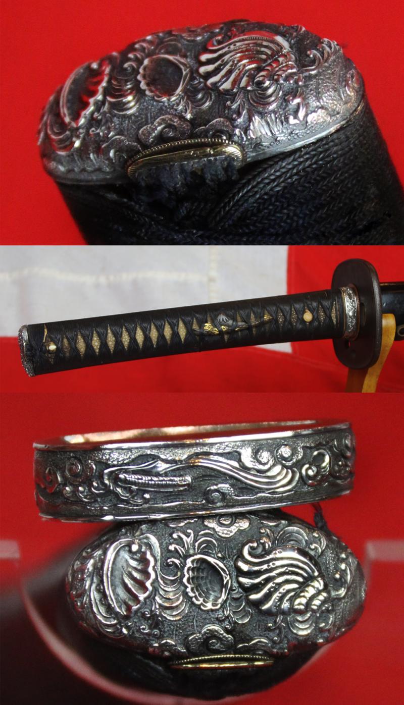 A Beautiful, Signed Samurai Long 17th Century Katana With Very Fine Edo Period Mounts Including Fabulous Quality Hand Chisselled Silver Fuchi Kashira of Takebori Turbulent Seas and Sea Shells. Signed Hisamichi