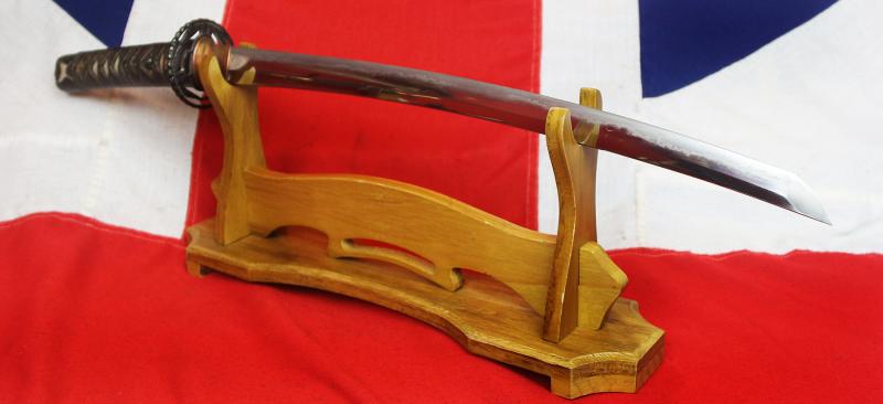 A Beautiful Samurai Wakizashi Signed Kunimune, Han Dachi Mounted, All Original Edo Koshirae and Deep Brown Urushi Lacquer Saya With Nishiji Gold With Very Rare Gold Foiled Throat