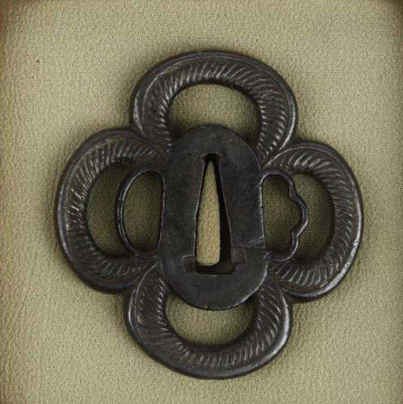 An Edo Tettsu Krishitan {Christian} Tsuba Of Twin Symbols of The Rope And The Cross. In Superb Condition & Traditionally Boxed For Display. From A Very Fine Collection Of Beautiful Antique Tsuba