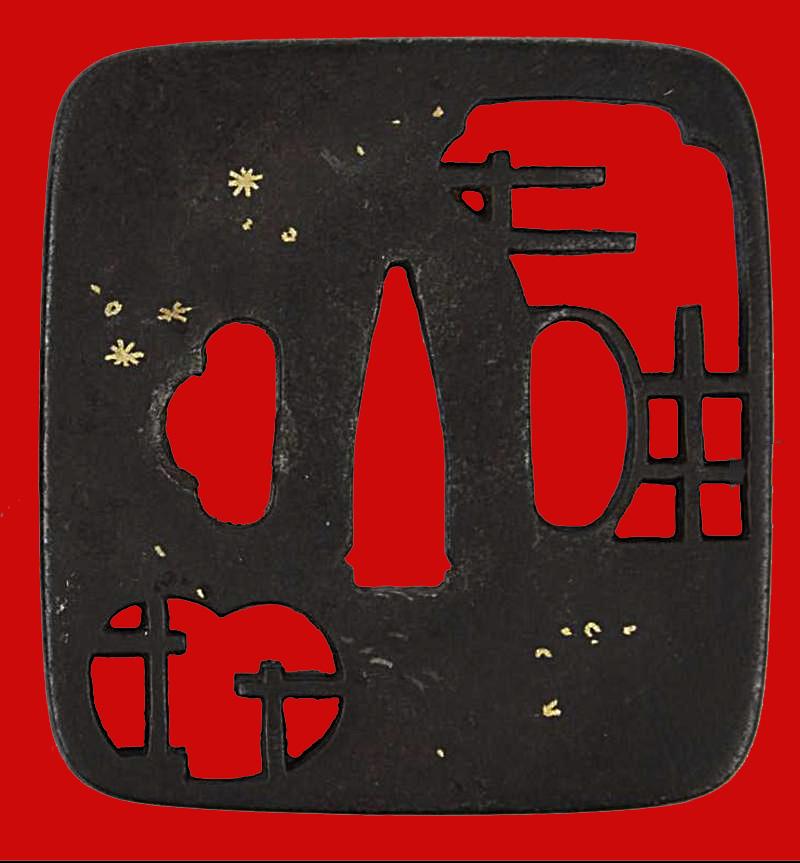 A Stunning Edo Period Tettsu {iron Plate} Krishitan {Christian.} Tsuba, Of The Holy Cross, Heavenly Eight Pointed Stars in Gold, & The River Of Life in Silver. In Superb Condition & From A Very Fine Collection of Tsuba.