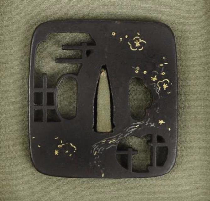 A Stunning Edo Period Tettsu {iron Plate} Krishitan {Christian.} Tsuba, Of The Holy Cross, Heavenly Eight Pointed Stars in Gold, & The River Of Life in Silver. In Superb Condition & From A Very Fine Collection of Tsuba.