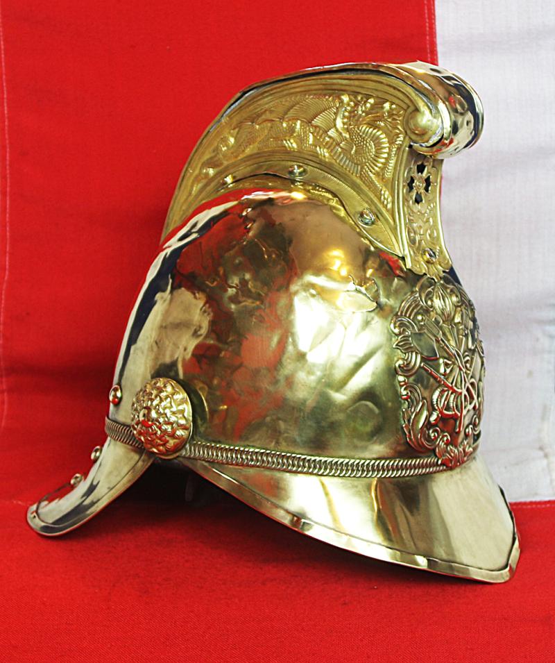 A Most Beautiful, Original, Victorian, Merryweather British Fire Service Helmet, In Brass With Gilt Dragon Comb